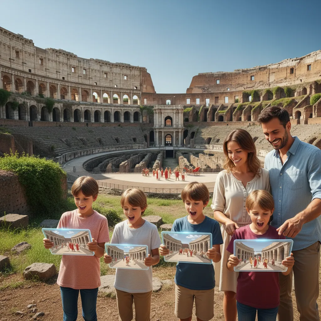 Family with children using AR tablets to visualize ancient ruins in their original state