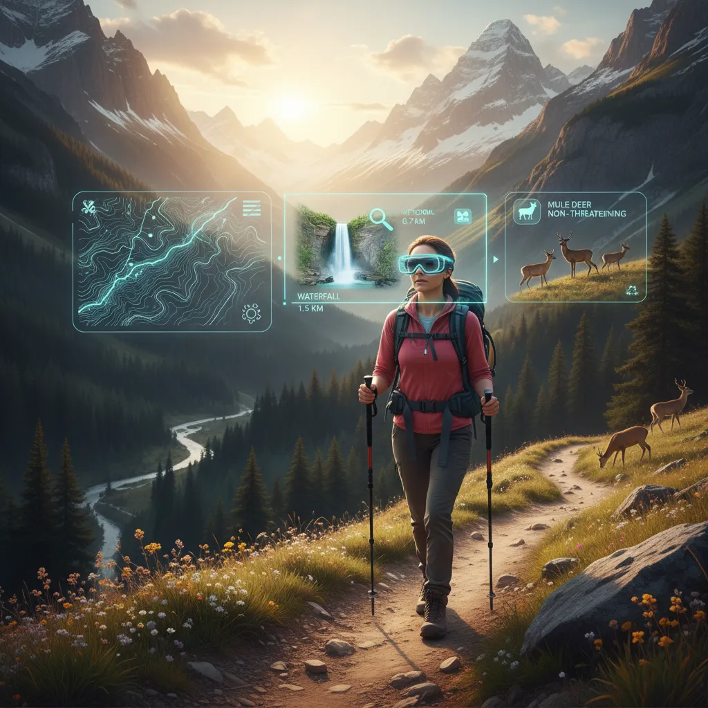 Solo hiker wearing AR smart glasses showing trail maps and points of interest