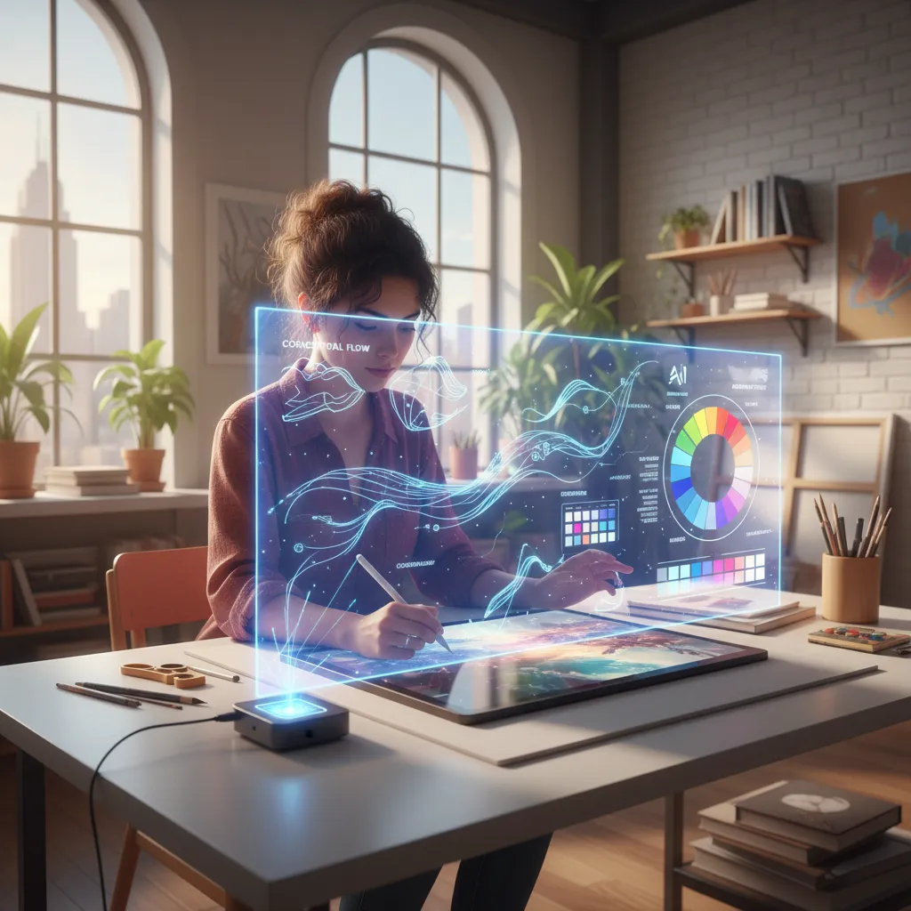 An artist using a digital tablet with AI assisting in real-time concept generation.