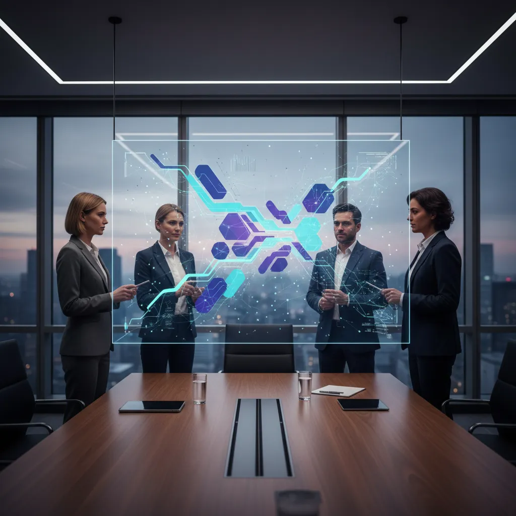 Business executives analyzing AI-powered enterprise risk management dashboard with predictive analytics