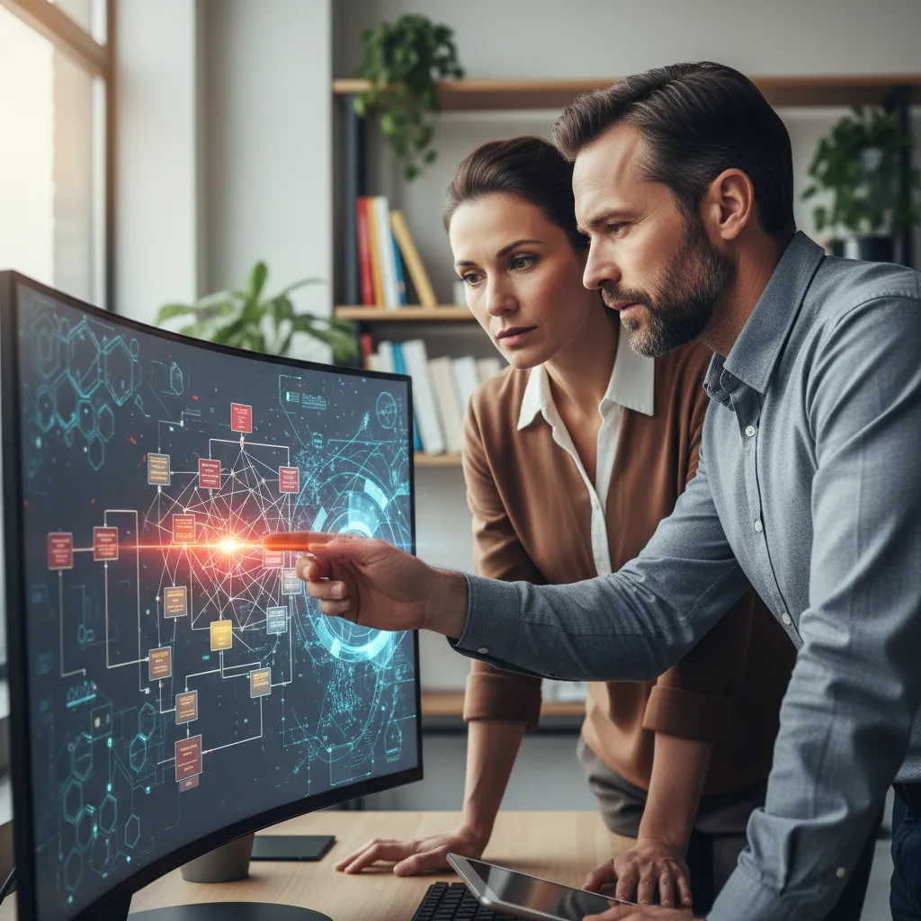 Risk manager collaborating with AI interface highlighting organizational vulnerabilities and compliance gaps