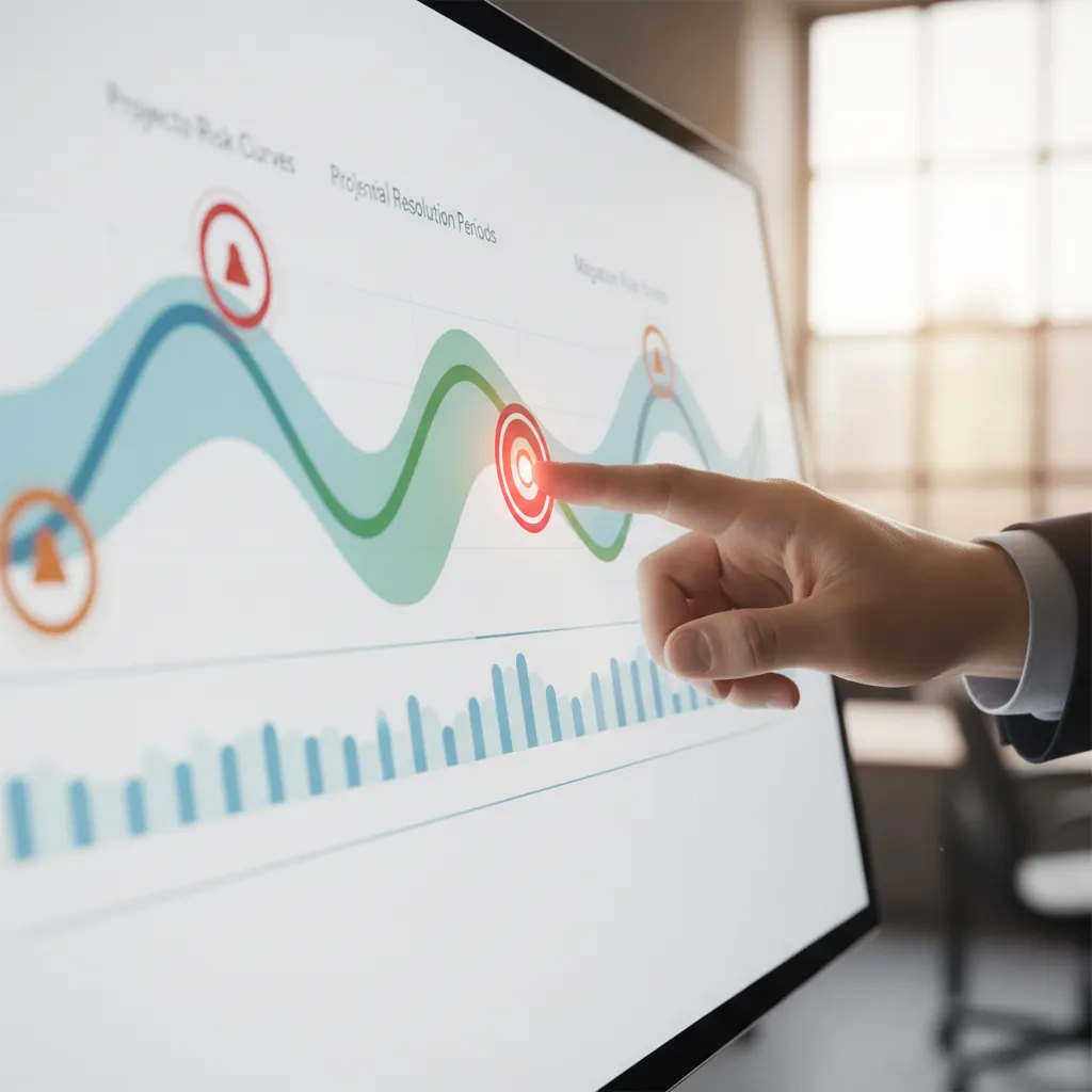 AI system displaying a timeline of forecasted business risk events and mitigation strategies