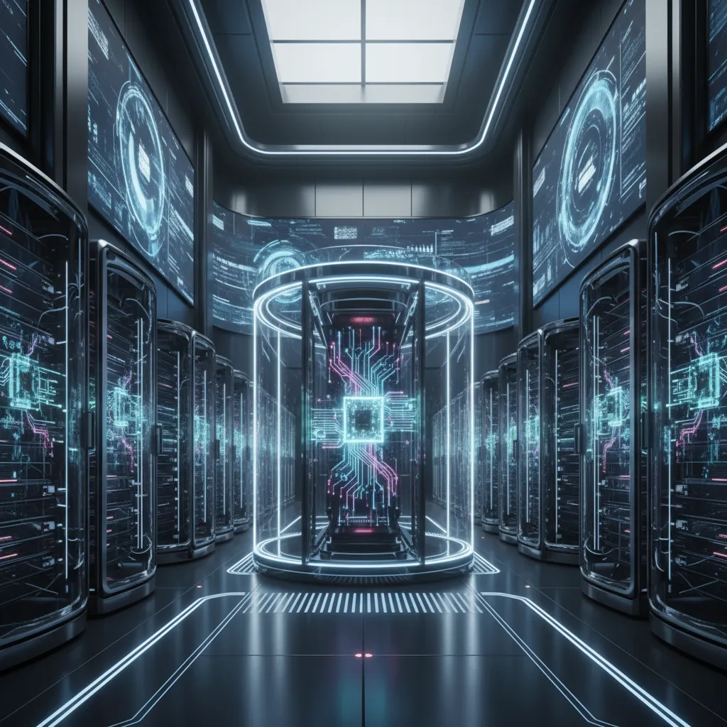 Quantum AI protecting financial data in a secure, futuristic data center