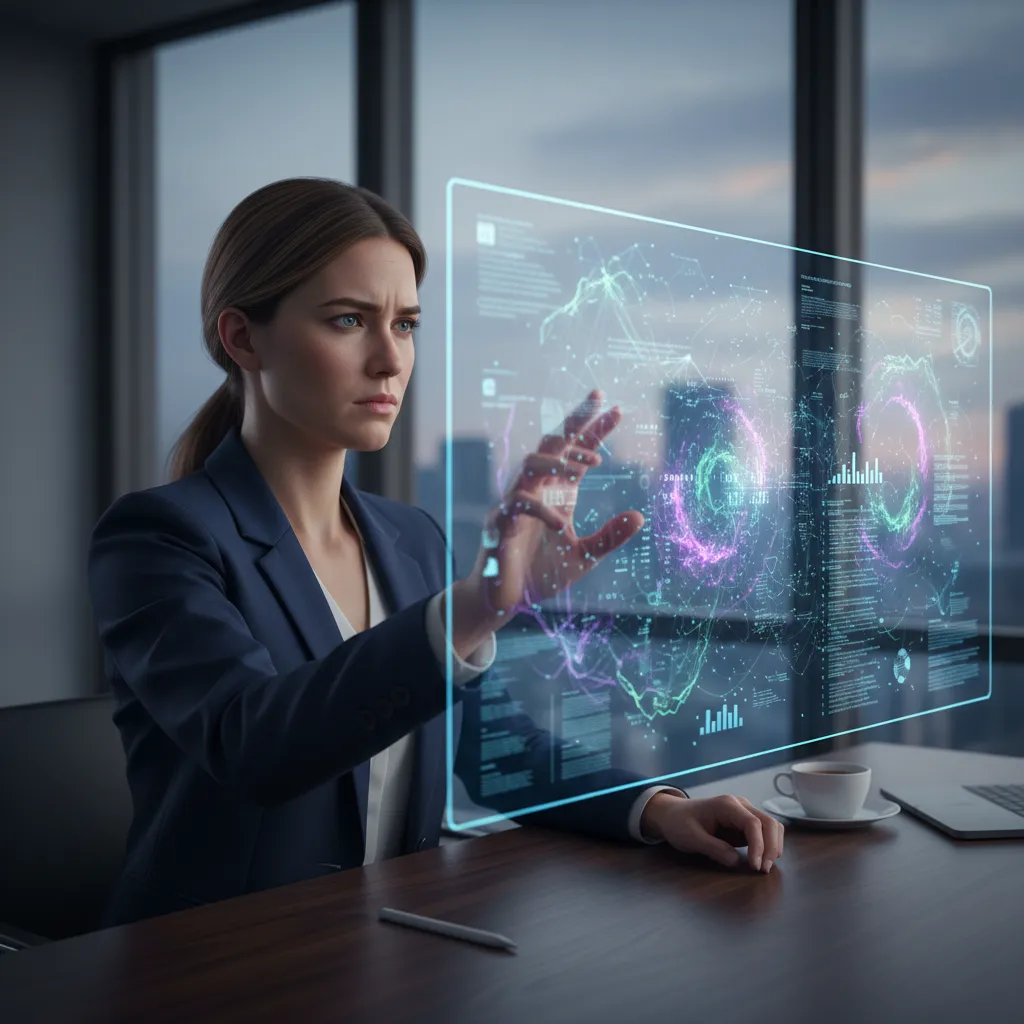 Financial analyst using quantum AI to visualize and detect complex fraud patterns