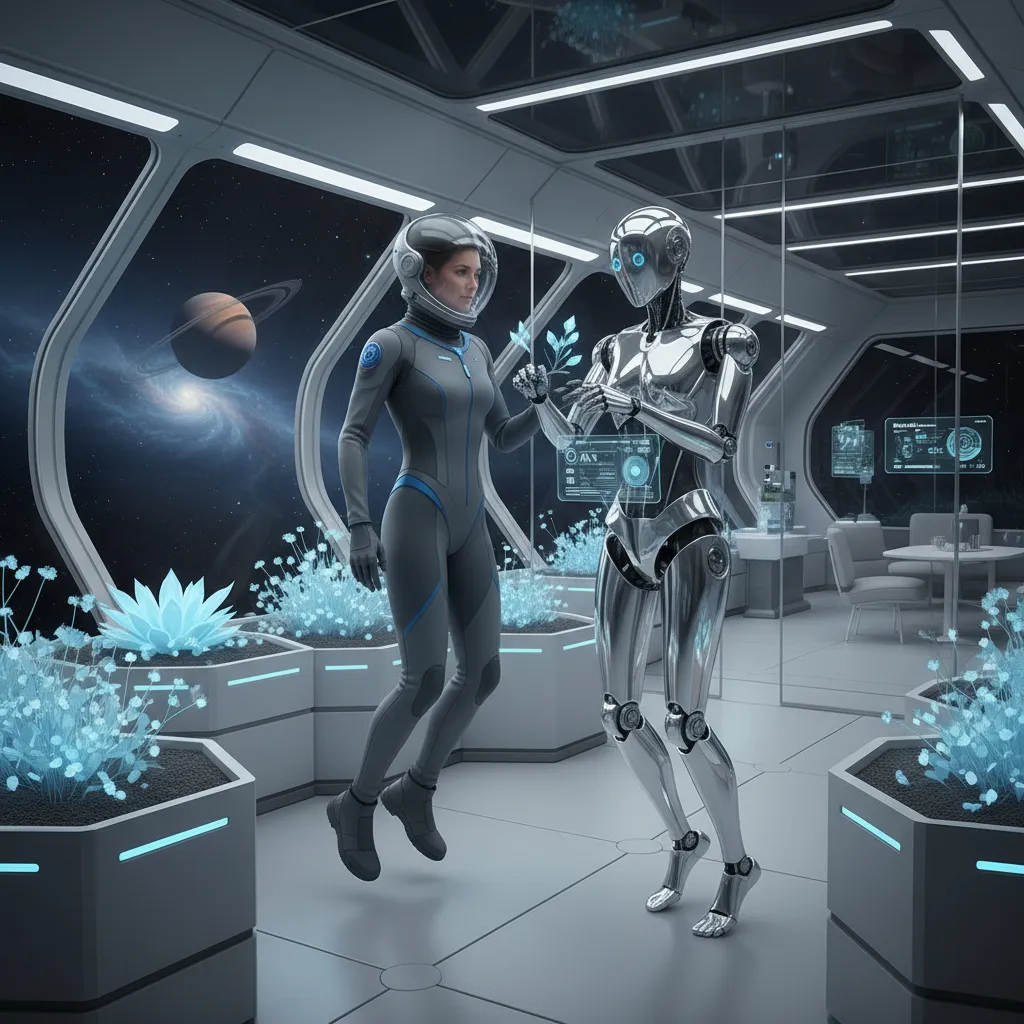 Astronaut with AI assistant in space habitat