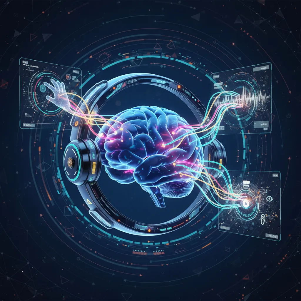 Abstract illustration of a human head with neural networks connecting to a sleek, futuristic BCI wearable device.