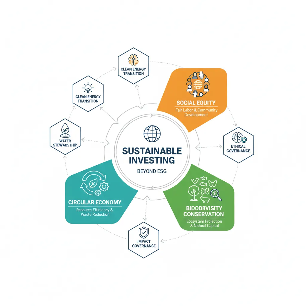 Infographic showing components of sustainable investing beyond traditional ESG, including circular economy and social equity.