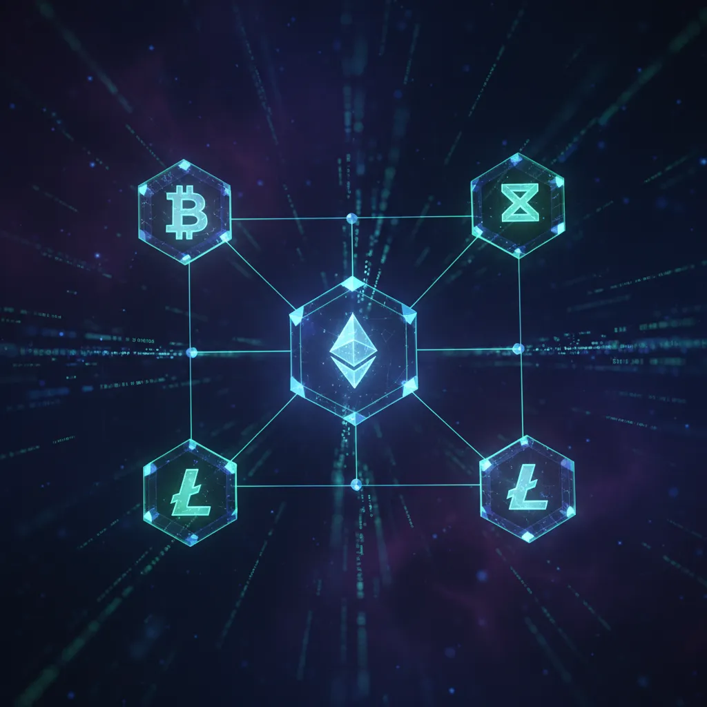 Abstract visualization of blockchain network with cryptocurrency symbols.