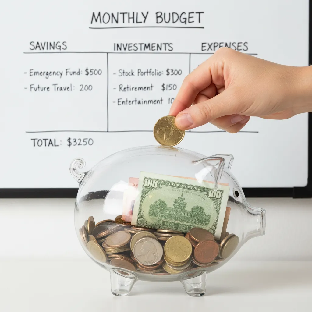 Hand placing a coin into a piggy bank, with a budget on a whiteboard.