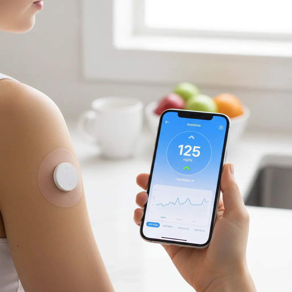 Continuous Glucose Monitor patch on arm with smartphone showing real-time data
