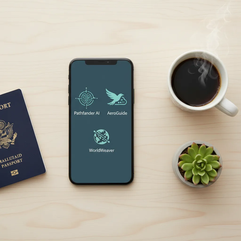 Smartphone screen displaying various AI travel assistant apps next to a passport.
