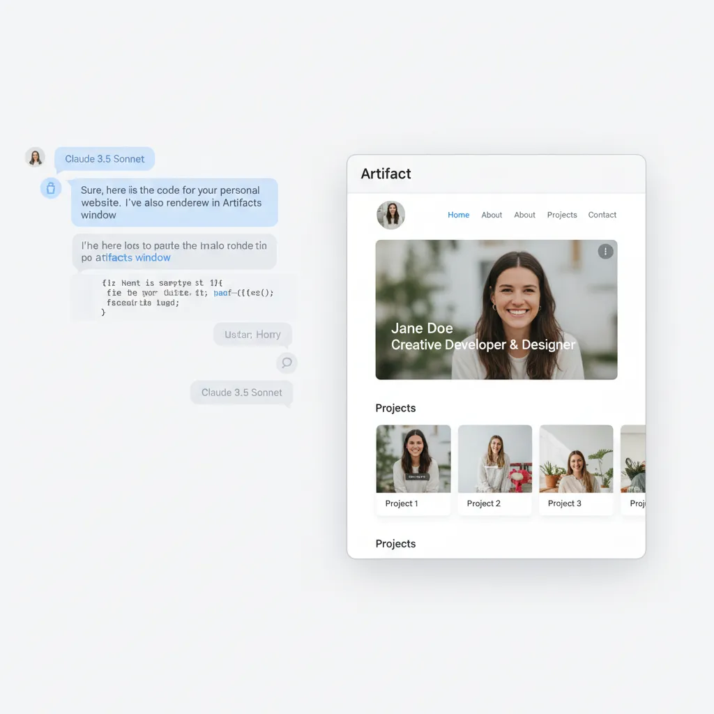 A diagram showing the new Artifacts feature in Claude 3.5 Sonnet, with a code snippet in a separate window next to the chat interface.
