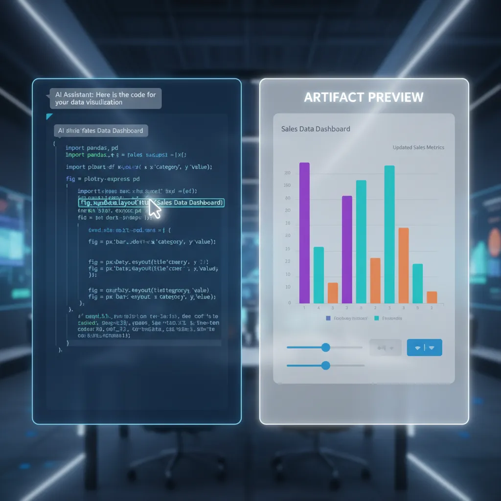 Illustration of the Claude 3.5 Sonnet 'Artifacts' feature showing a user interacting with a live code preview next to the chat interface.