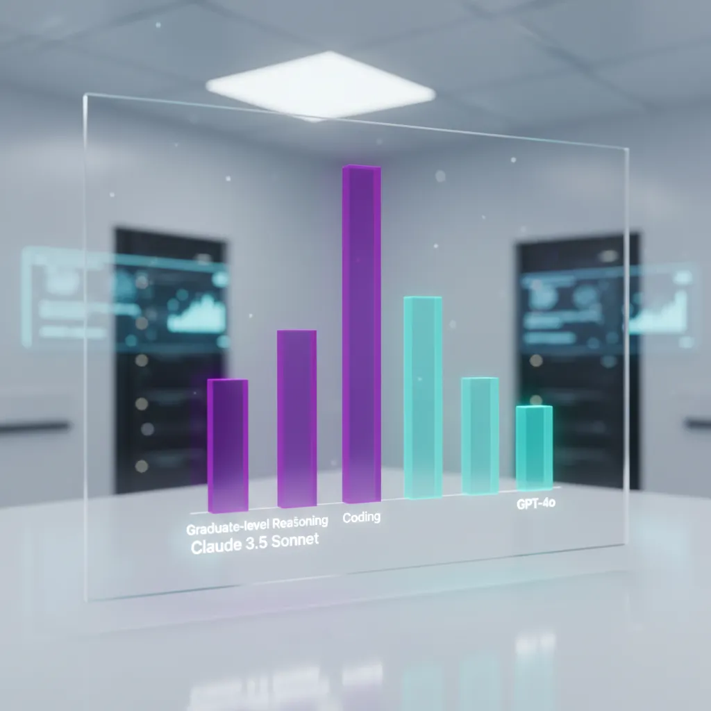 A futuristic bar chart comparing the performance benchmarks of Claude 3.5 Sonnet and GPT-4o in various reasoning and knowledge tasks.