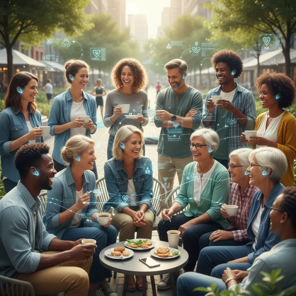 Diverse individuals wearing smart health devices, connected by data streams.