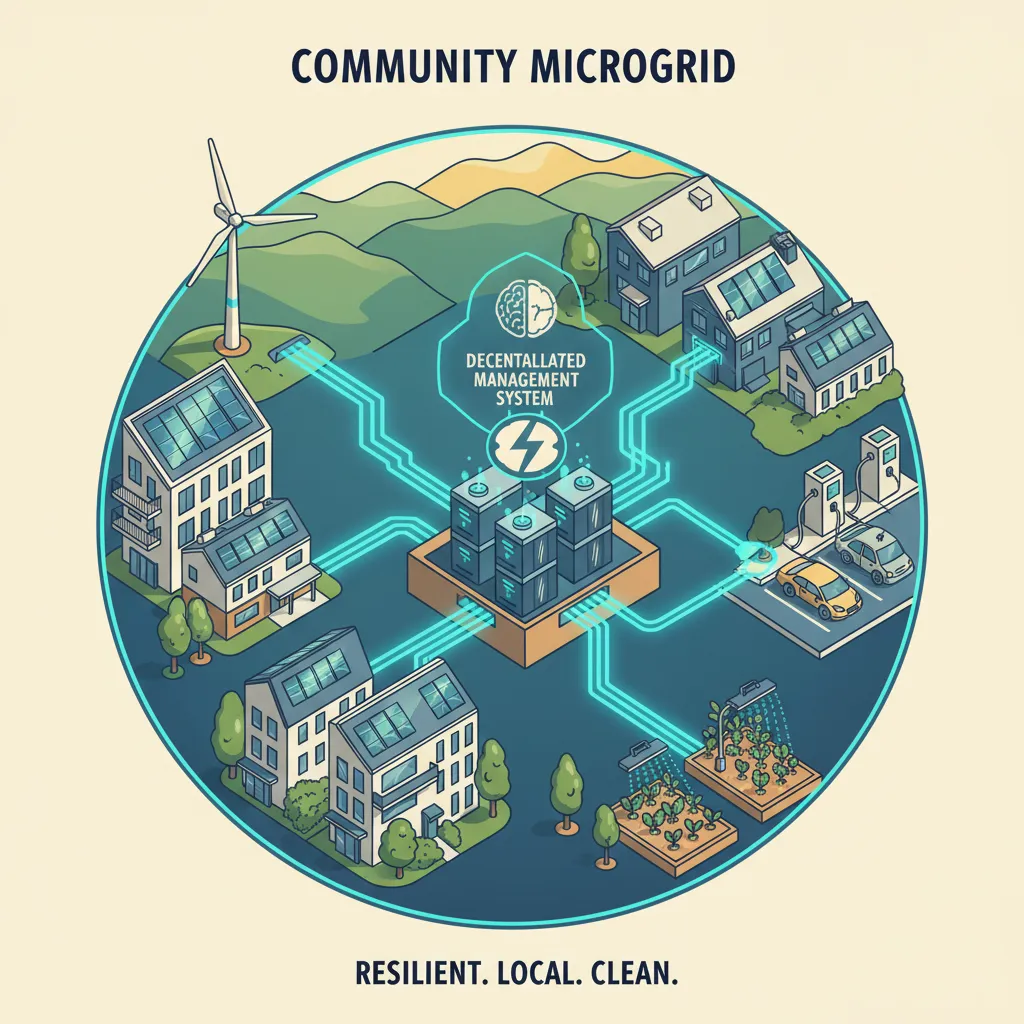 Artistic view of a community microgrid with solar panels, wind turbine, and battery storage managed by a decentralized system.