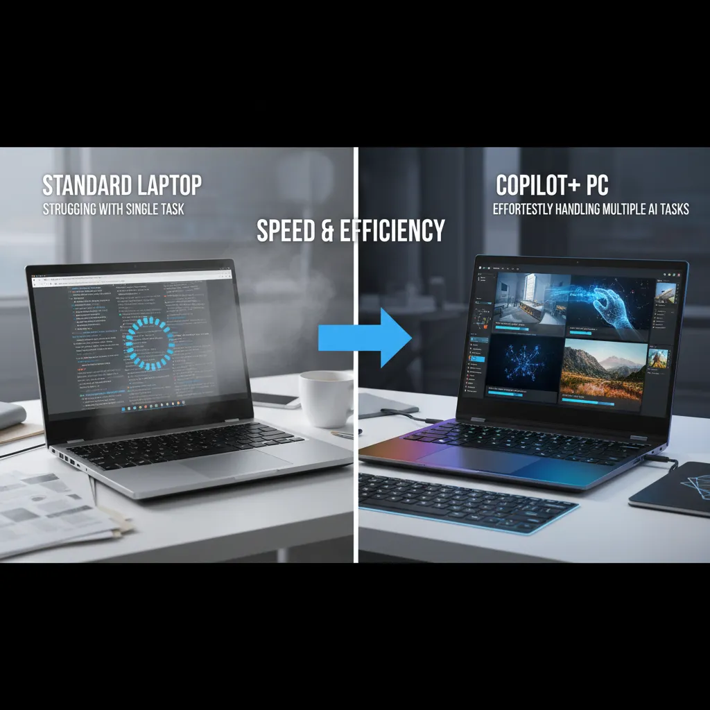 Side-by-side comparison of a Copilot+ PC running complex AI tasks and a regular laptop buffering.