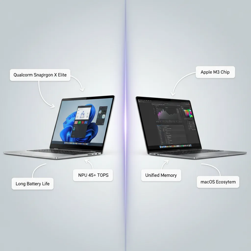 A Copilot+ PC and a MacBook Air M3 placed side-by-side for comparison.