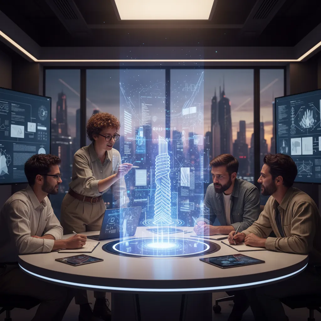 Creative professionals collaborating in a meeting with AI-generated concepts on a holographic display.