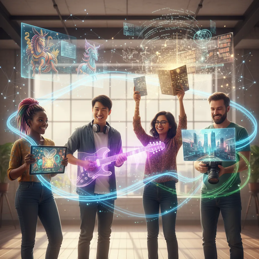 Content creators celebrating with subtle AI elements surrounding them