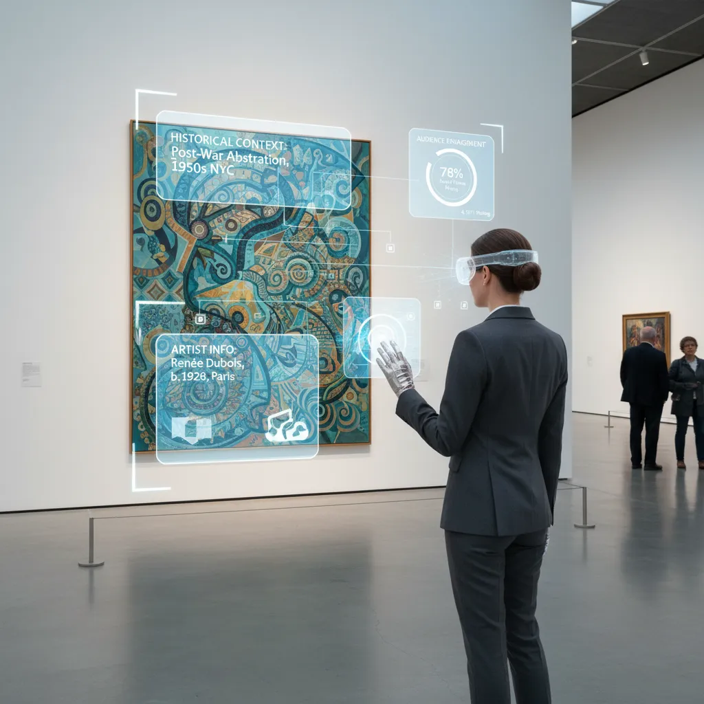 An art curator in a museum, using an AR-enabled tablet to view AI-powered insights and data overlaid on a physical sculpture