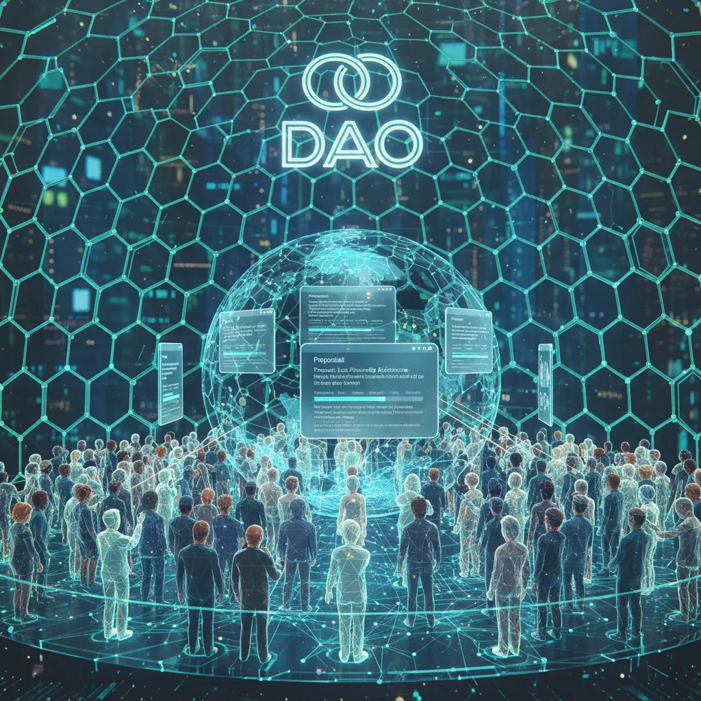 Visual representation of a DAO with avatars and digital proposals for community governance.
