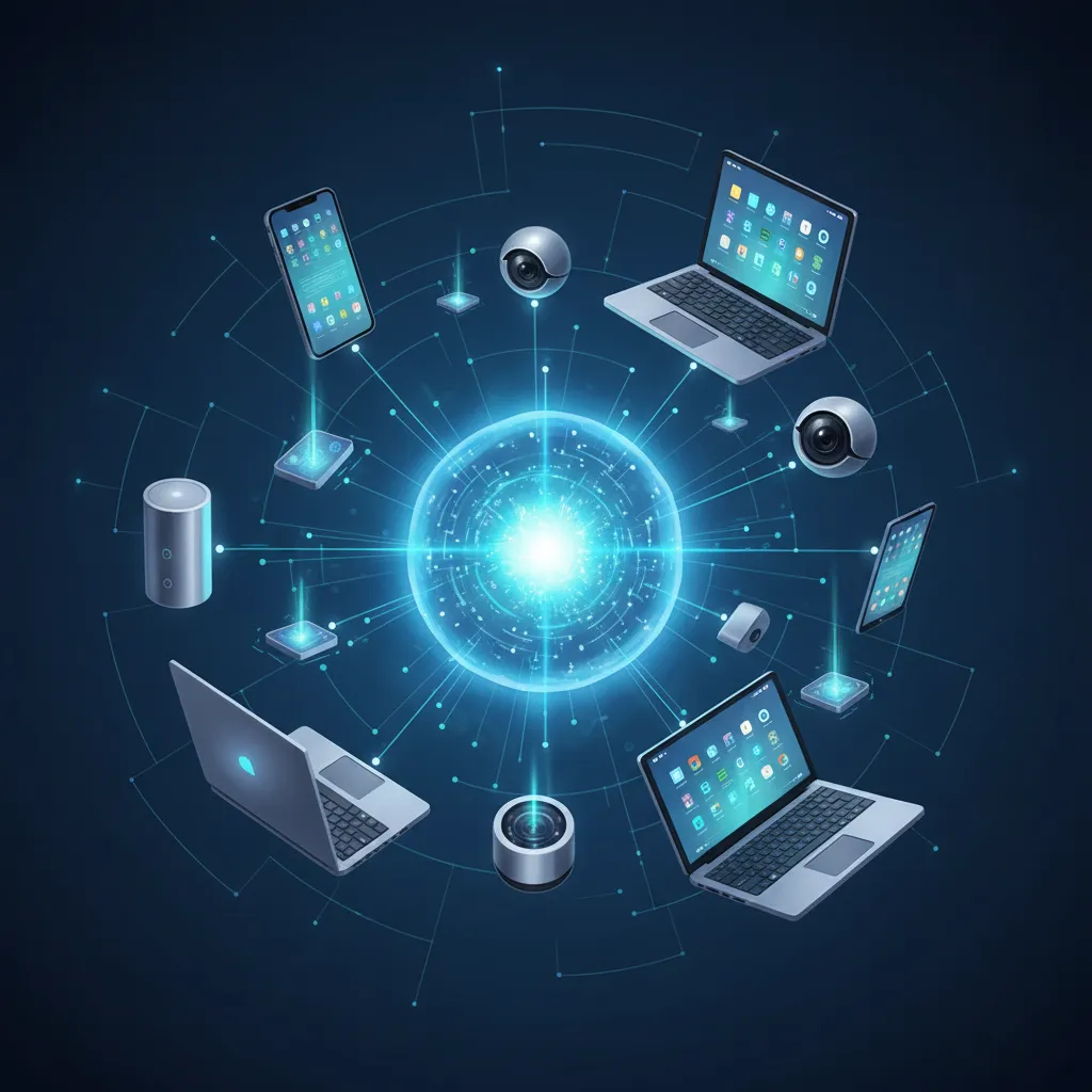 Conceptual image of a decentralized AI agent connecting various smart devices in a network