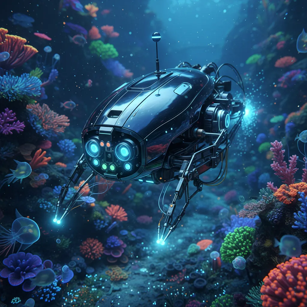 AI-powered deep-sea exploration robot navigating a bioluminescent coral reef