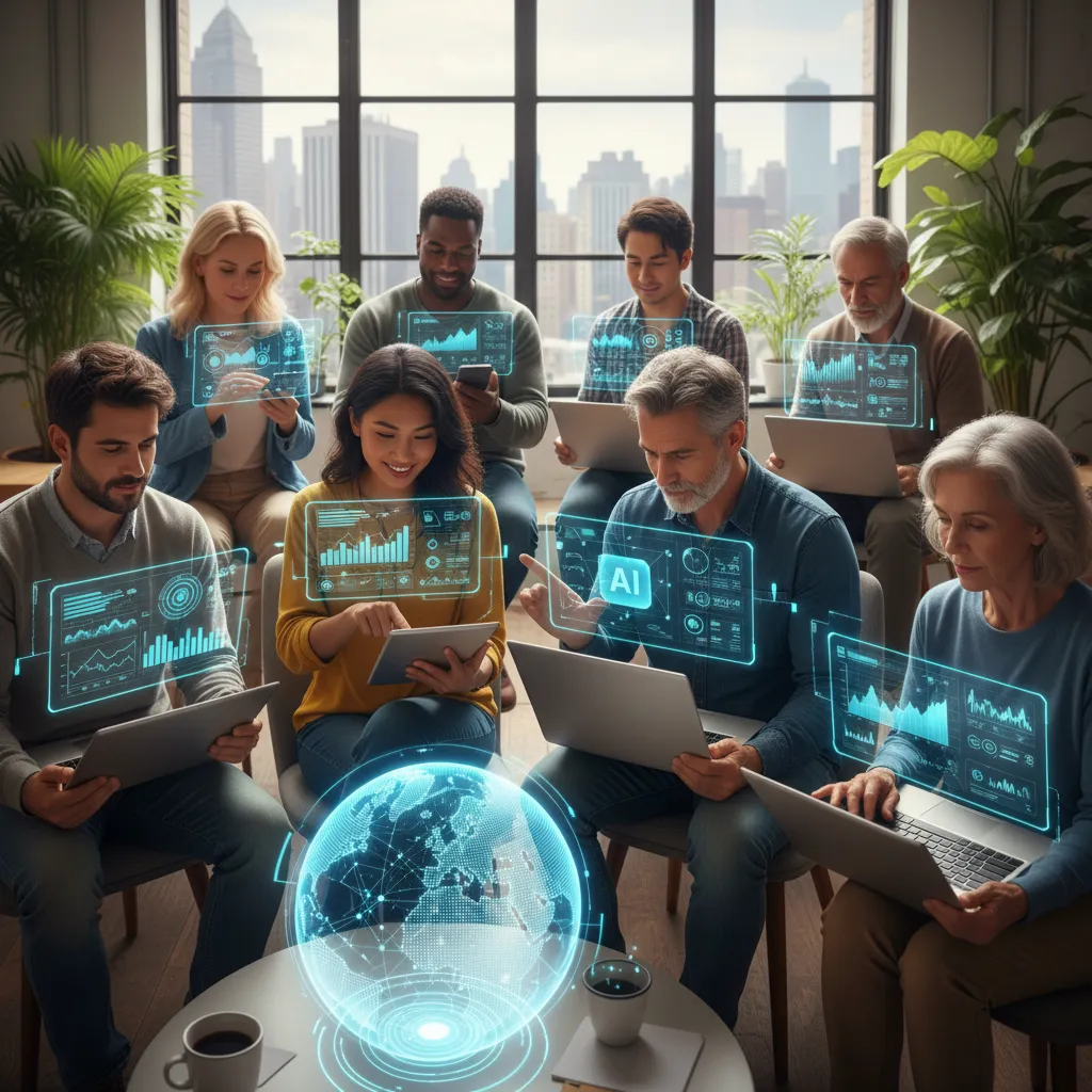 Diverse individuals confidently using AI investment apps on devices.