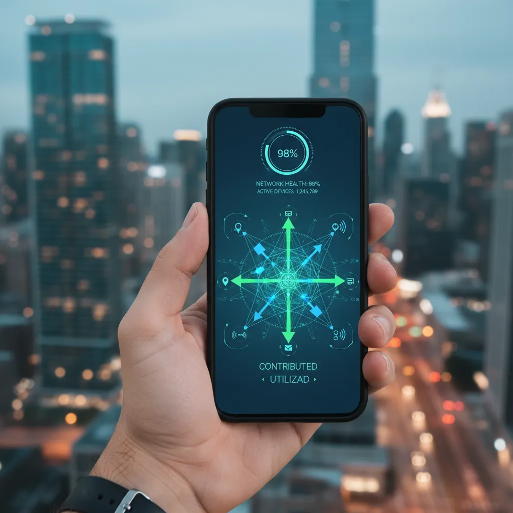 Smartphone app visualizing DePIN data with city background
