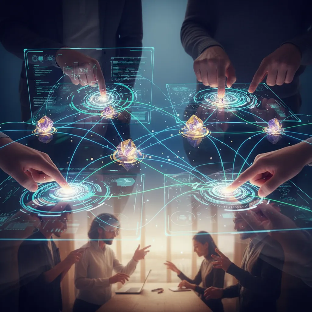 Diverse individuals collaborating in a DePIN network with tokens