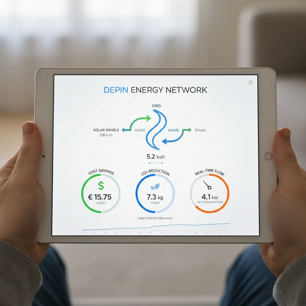 Close-up of a tablet screen showing a user-friendly Depin energy dashboard with real-time consumption and production data.