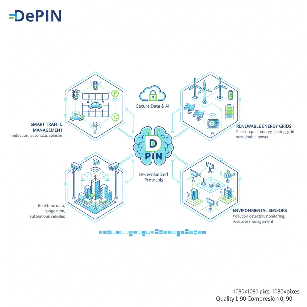 Infographic showing diverse DePIN applications like smart traffic, renewable energy, and environmental monitoring.