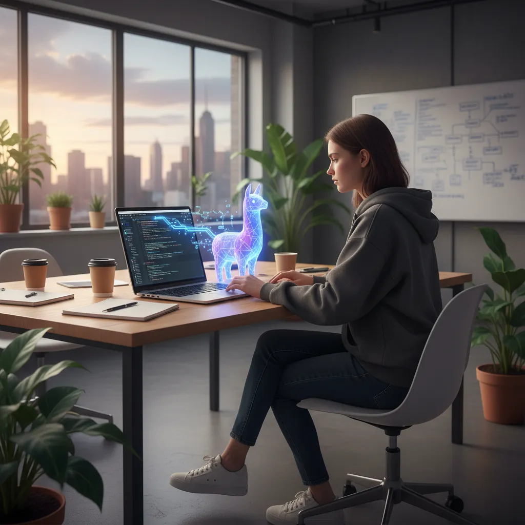 Developer coding on a laptop, integrating Llama 3.1 for innovative solutions