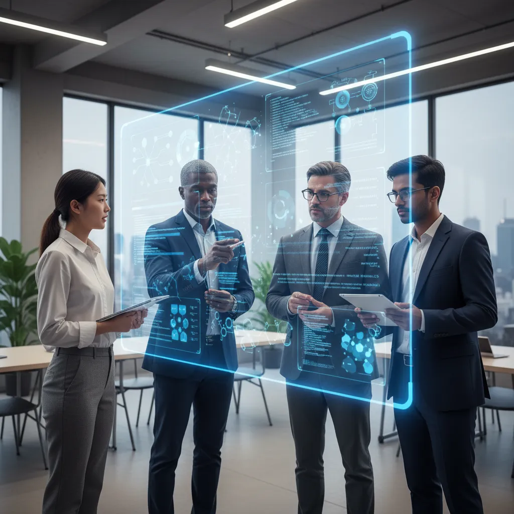 Architects and engineers collaborating on a 3D building model using digital twin technology in the metaverse.