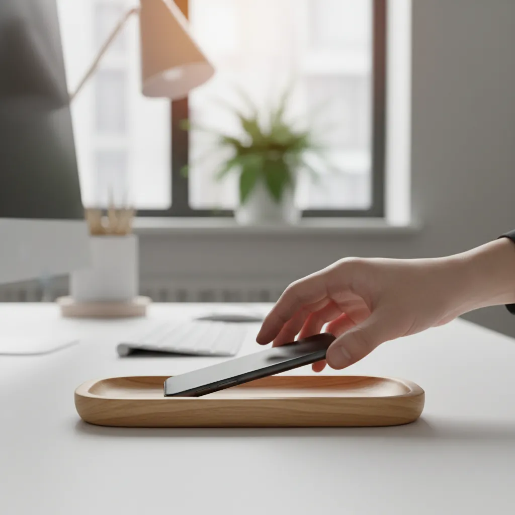 Hand placing smartphone face down on a tray.