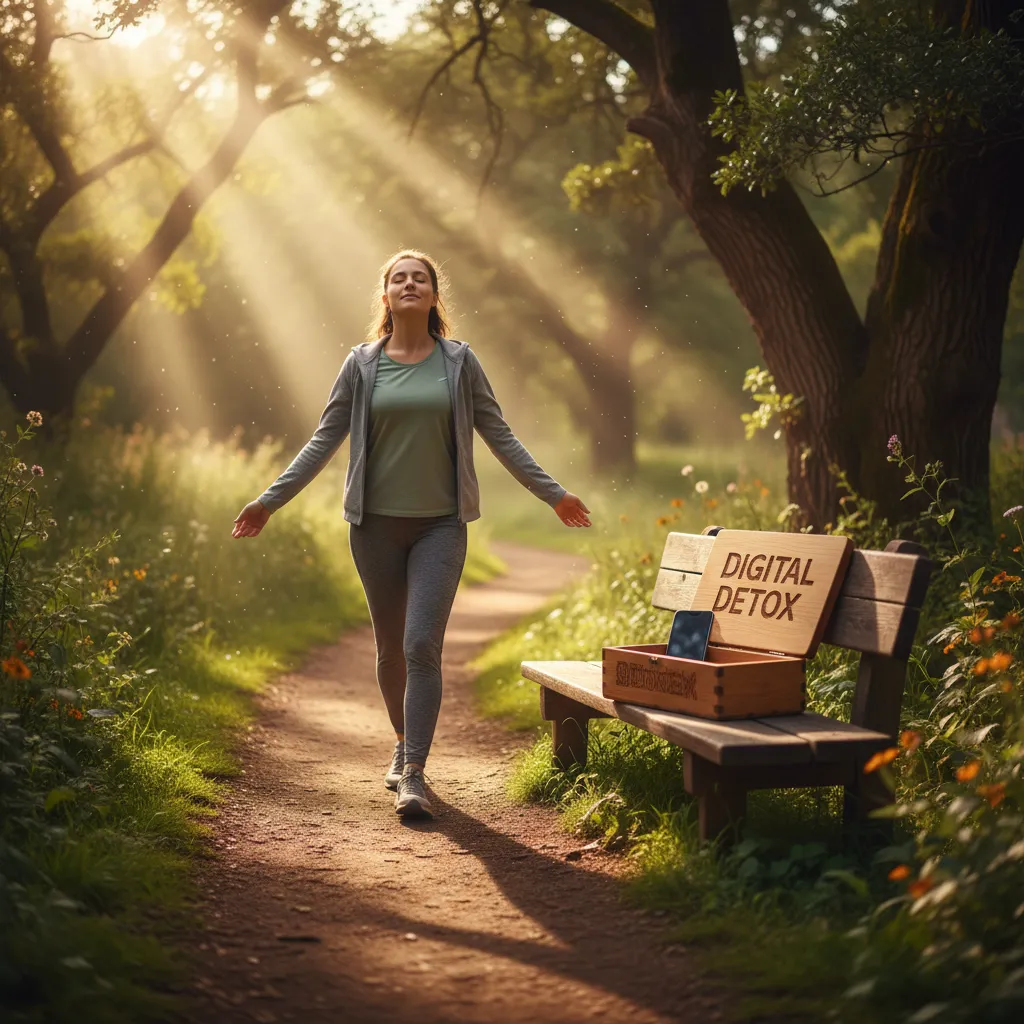 Person enjoying a walk in nature, with their smartphone left behind in a digital detox box.