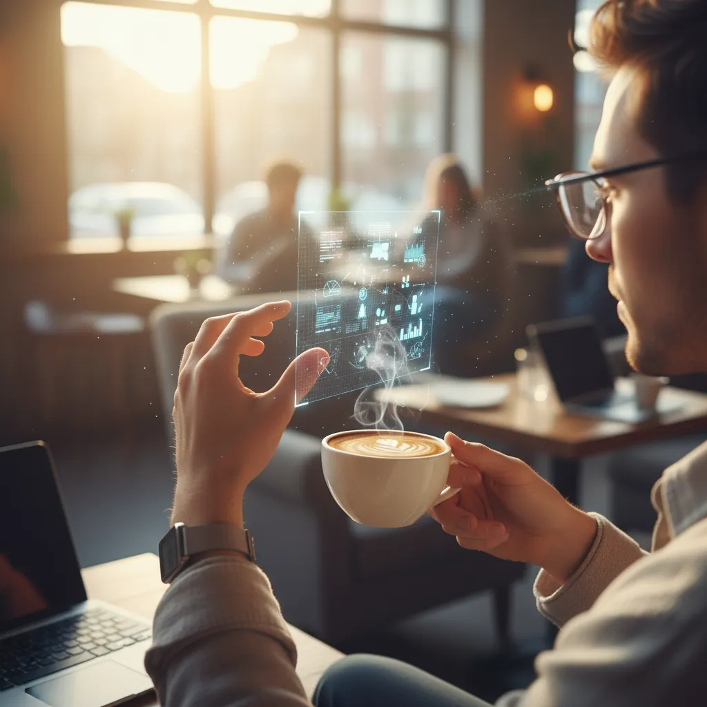 Person using smart glasses in a cafe