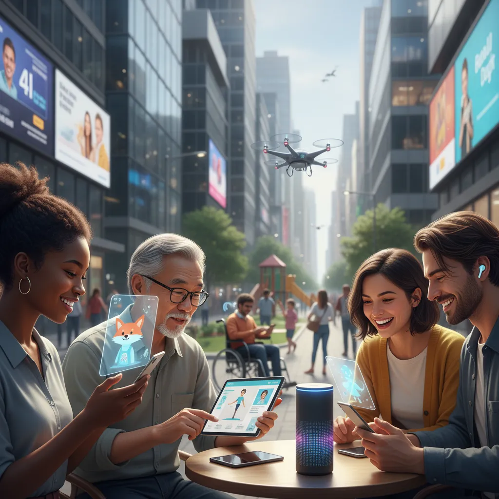 People interacting with AI companions on various devices