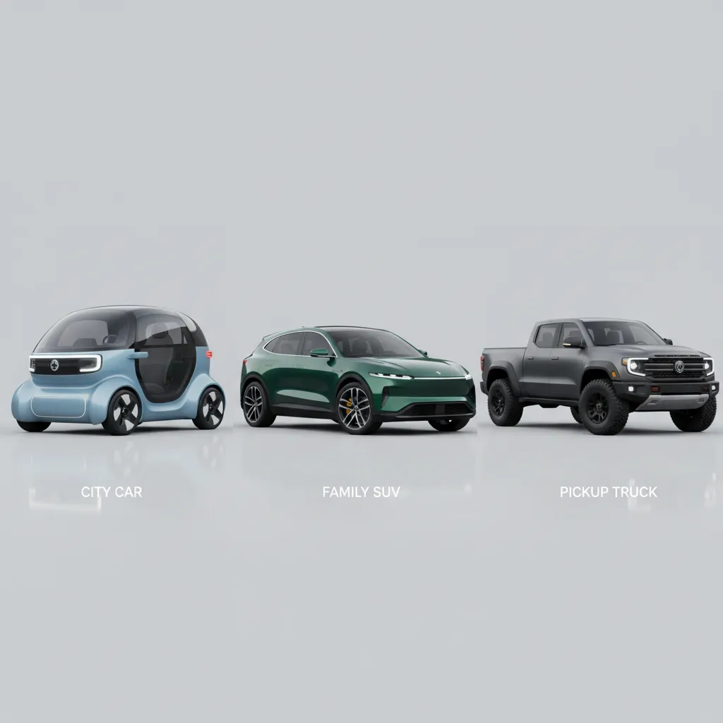 Variety of electric vehicle models including cars, SUVs, and trucks