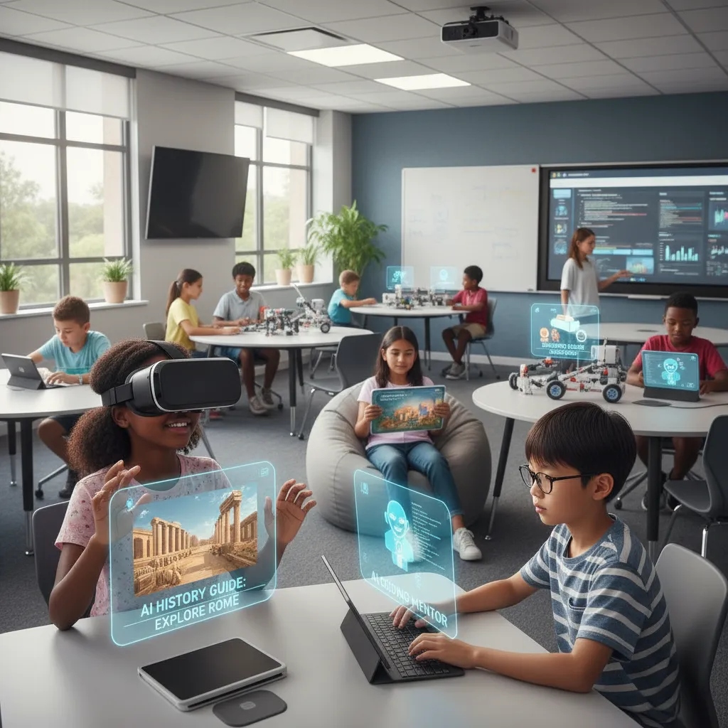 K-12 students engaged in diverse AI-powered learning activities