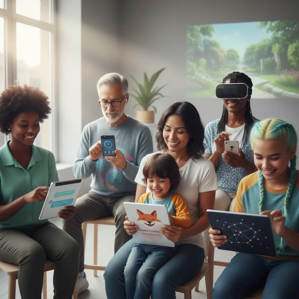 Diverse individuals using AI mental health apps on devices