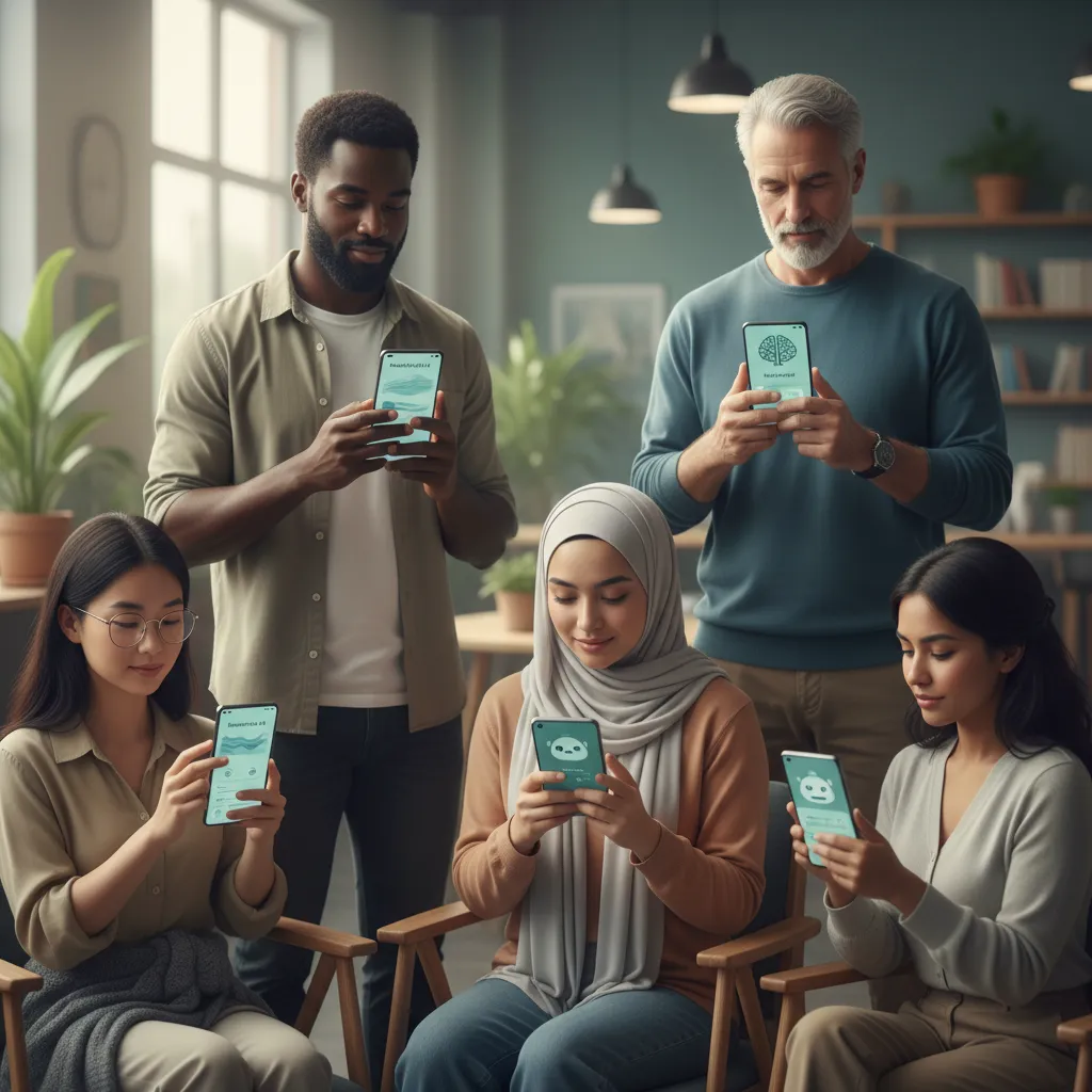 Diverse individuals interacting with mental wellness apps on their mobile devices