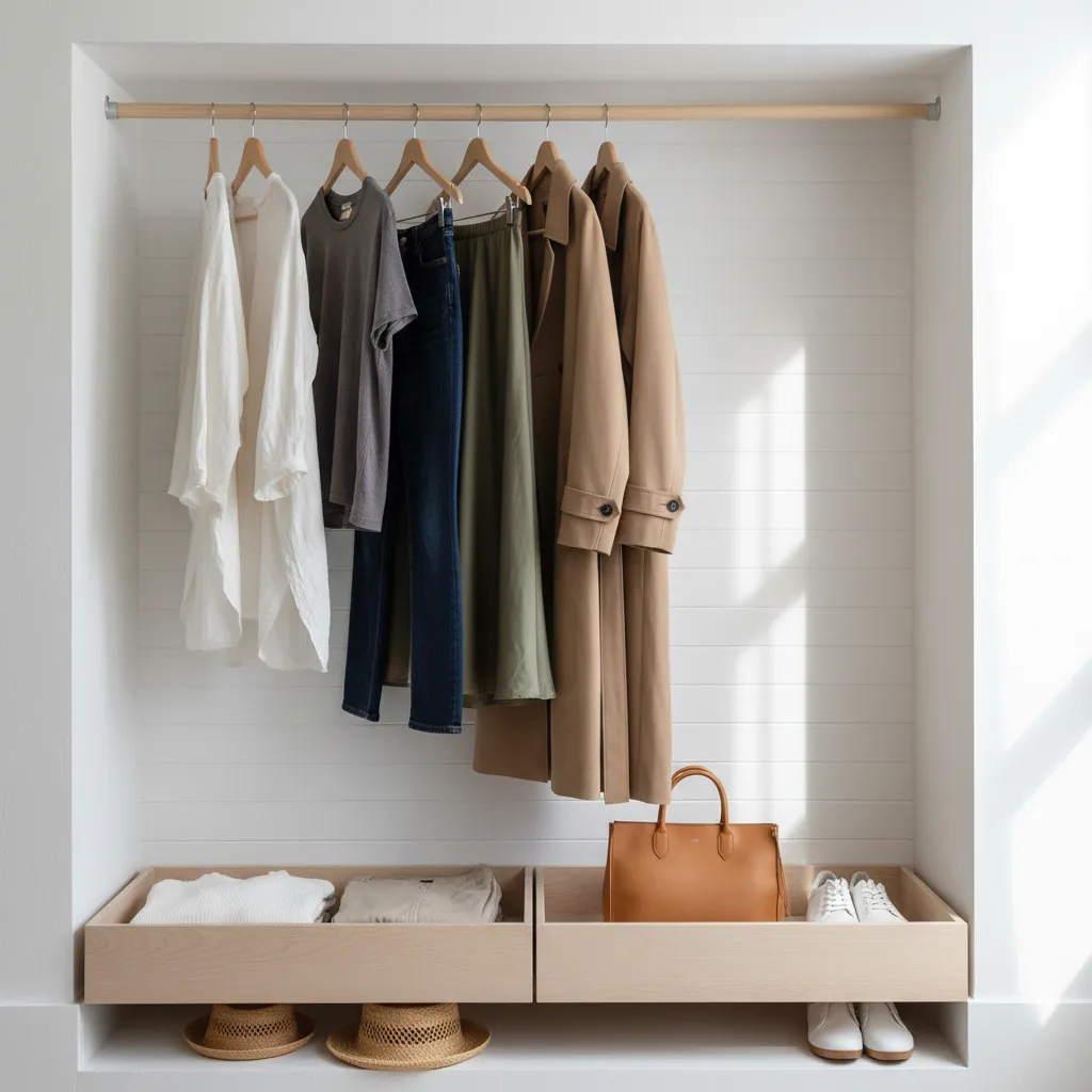 Minimalist capsule wardrobe with sustainable clothing items.