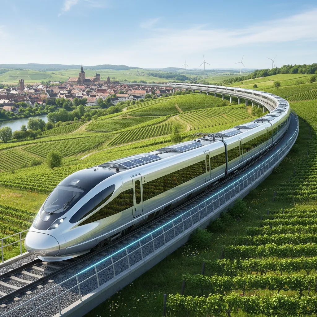 Futuristic electric train in a European landscape.