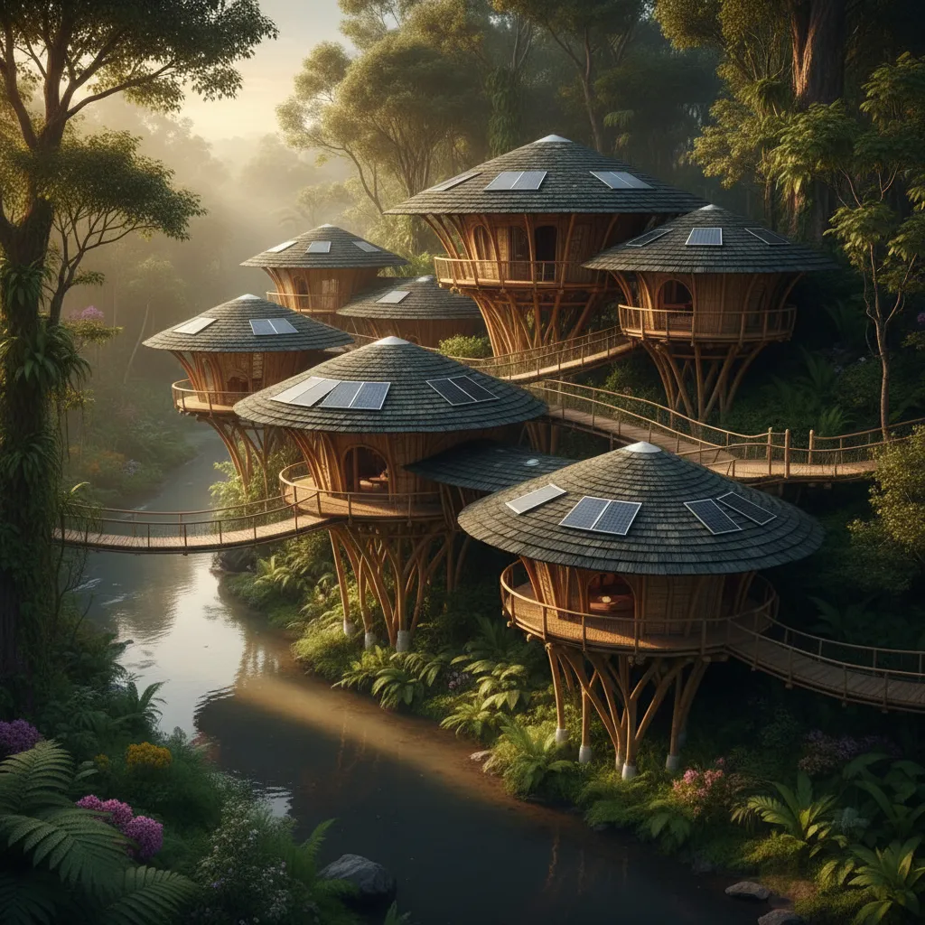 Panoramic view of an eco-lodge integrated into a rainforest.