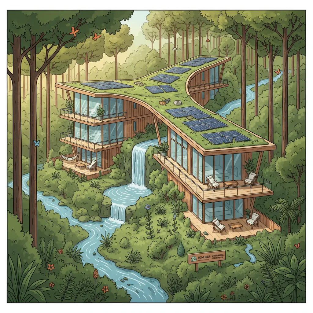 Eco-lodge blending with forest, showcasing sustainable accommodation