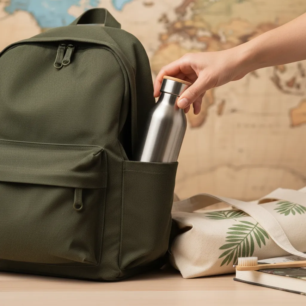 Hand packing reusable water bottle, tote bag, and bamboo toothbrush.