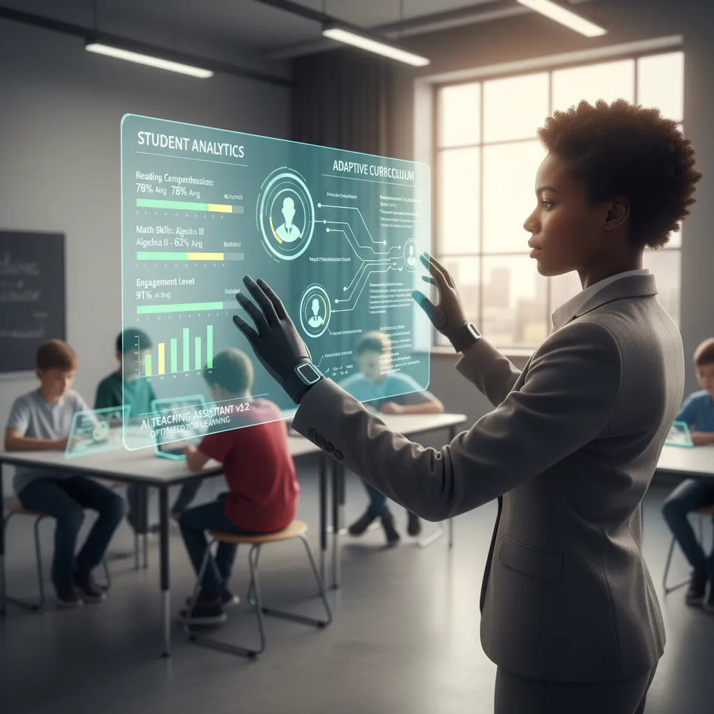 Educator analyzing student data with AI-powered dashboard.