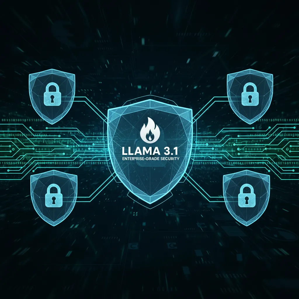 Digital shields and lock icons protecting data streams, representing Llama 3.1 security.